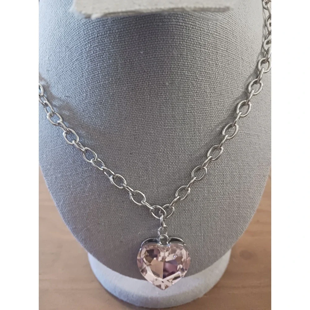Silver Tone Chunky Cable Chain Necklace Champagne Pink Faceted Heart Pendant